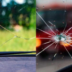 long cracked windshield on the left and heavily chipped windshield on the right