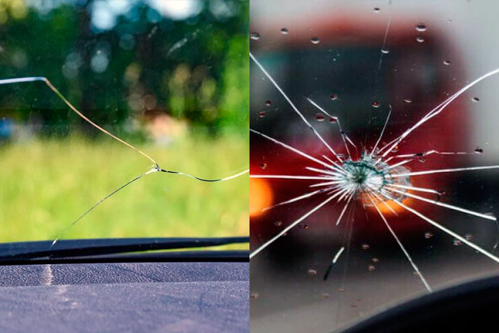 long cracked windshield on the left and heavily chipped windshield on the right