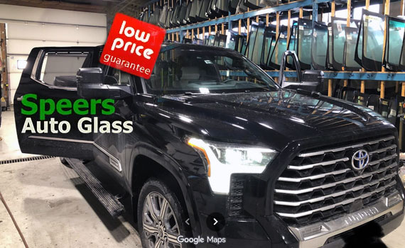 black Toyota Tundra truck need front windshield replacement in Speers Oakville shop