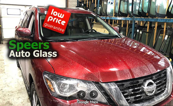 red burgundy Nissan Murano SUV in Speers Auto Glass shop for windshield replacement work